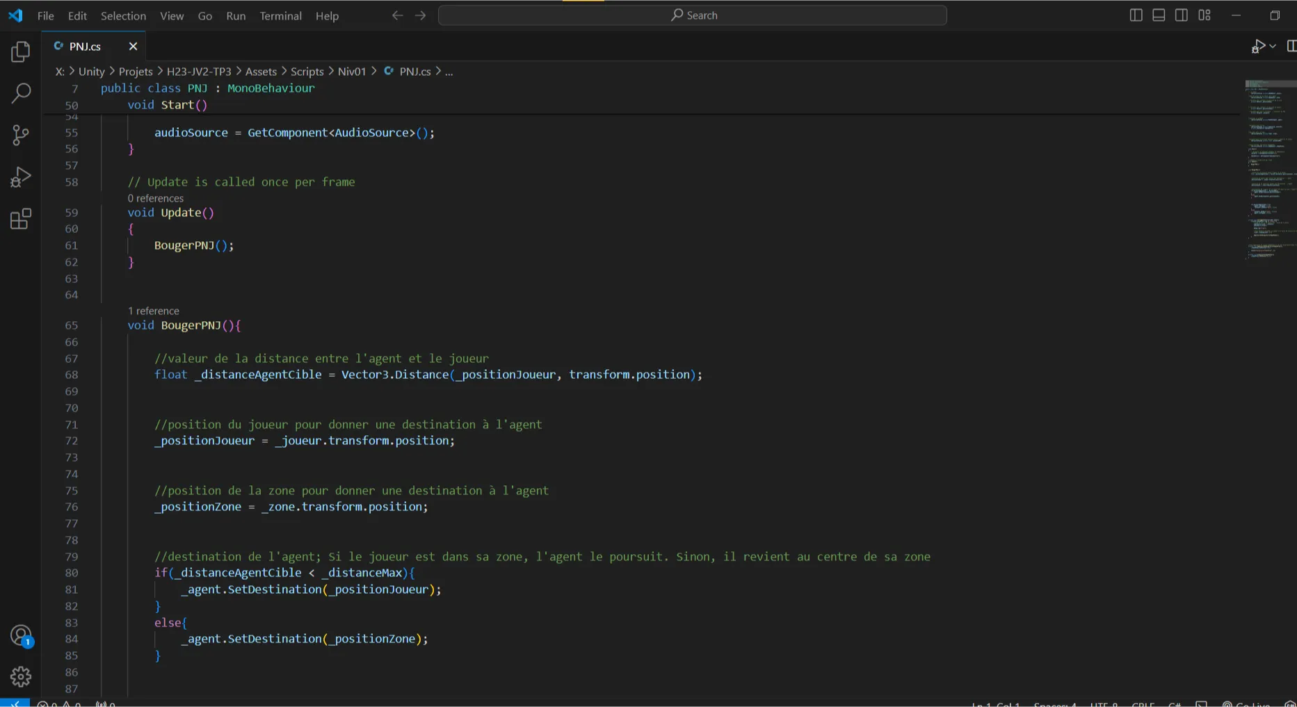 Dans VScode, une capture du script de pnj